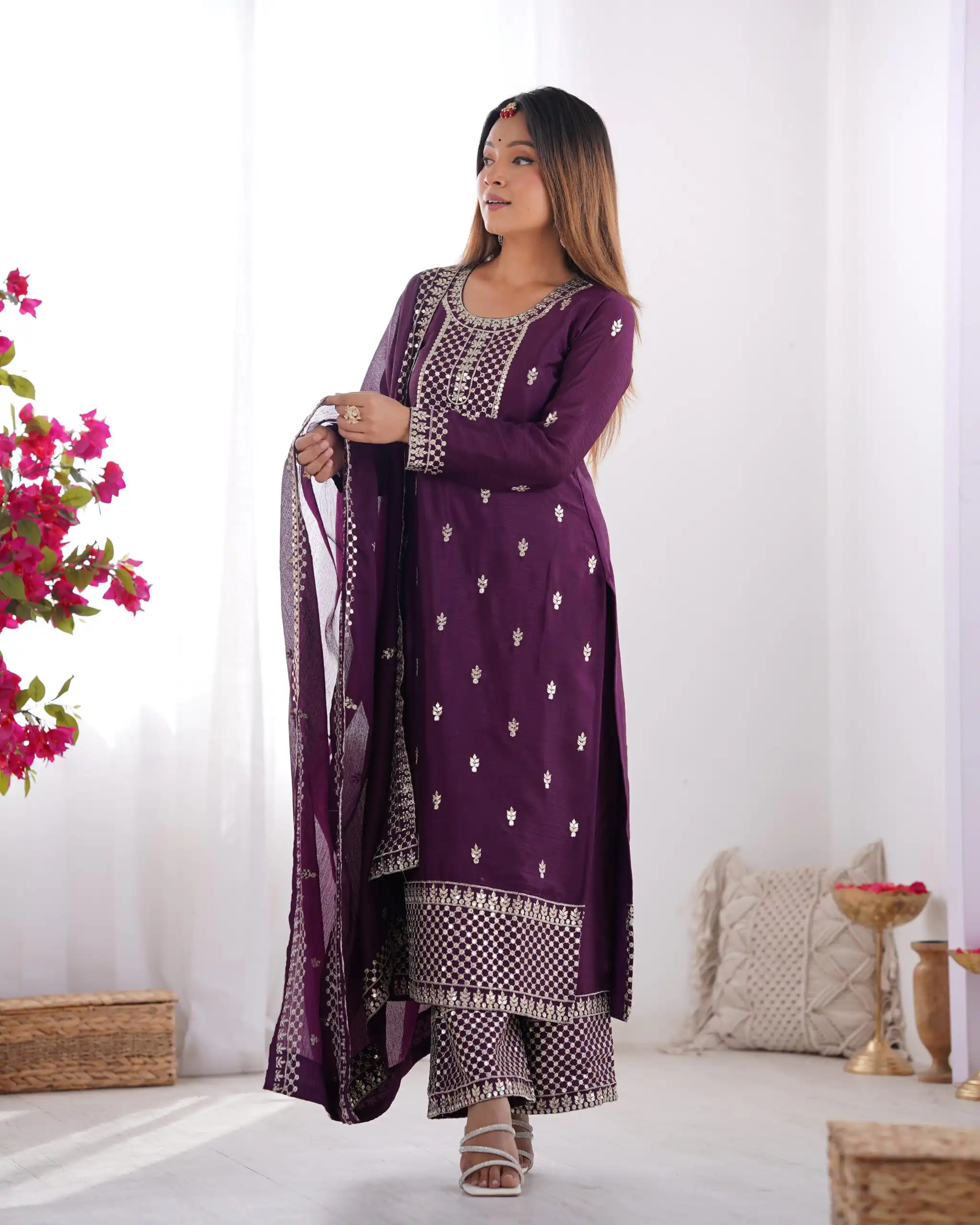 Wine Chinon Silk Embroidery Jari Work Salwar Suit | Jump Suits, Salwar suit, Casual Suits, Creative suits, Designer Suits, Palazzo Suits, Party Wear Suits, Patiala Suits, Straight Suits