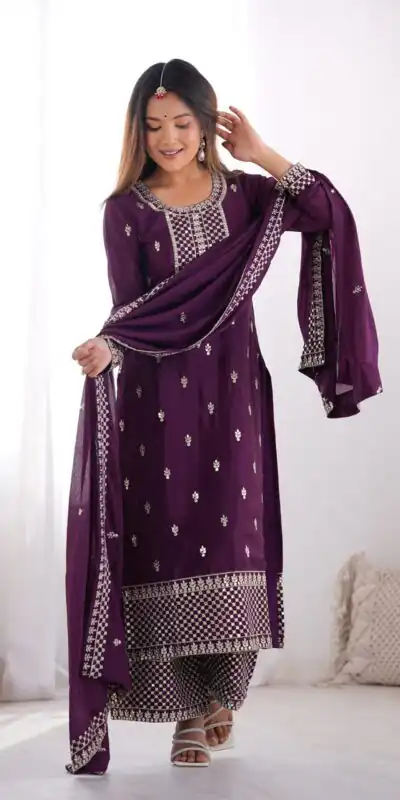 Wine Chinon Silk Embroidery Jari Work Salwar Suit | Jump Suits, Salwar suit, Casual Suits, Creative suits, Designer Suits, Palazzo Suits, Party Wear Suits, Patiala Suits, Straight Suits