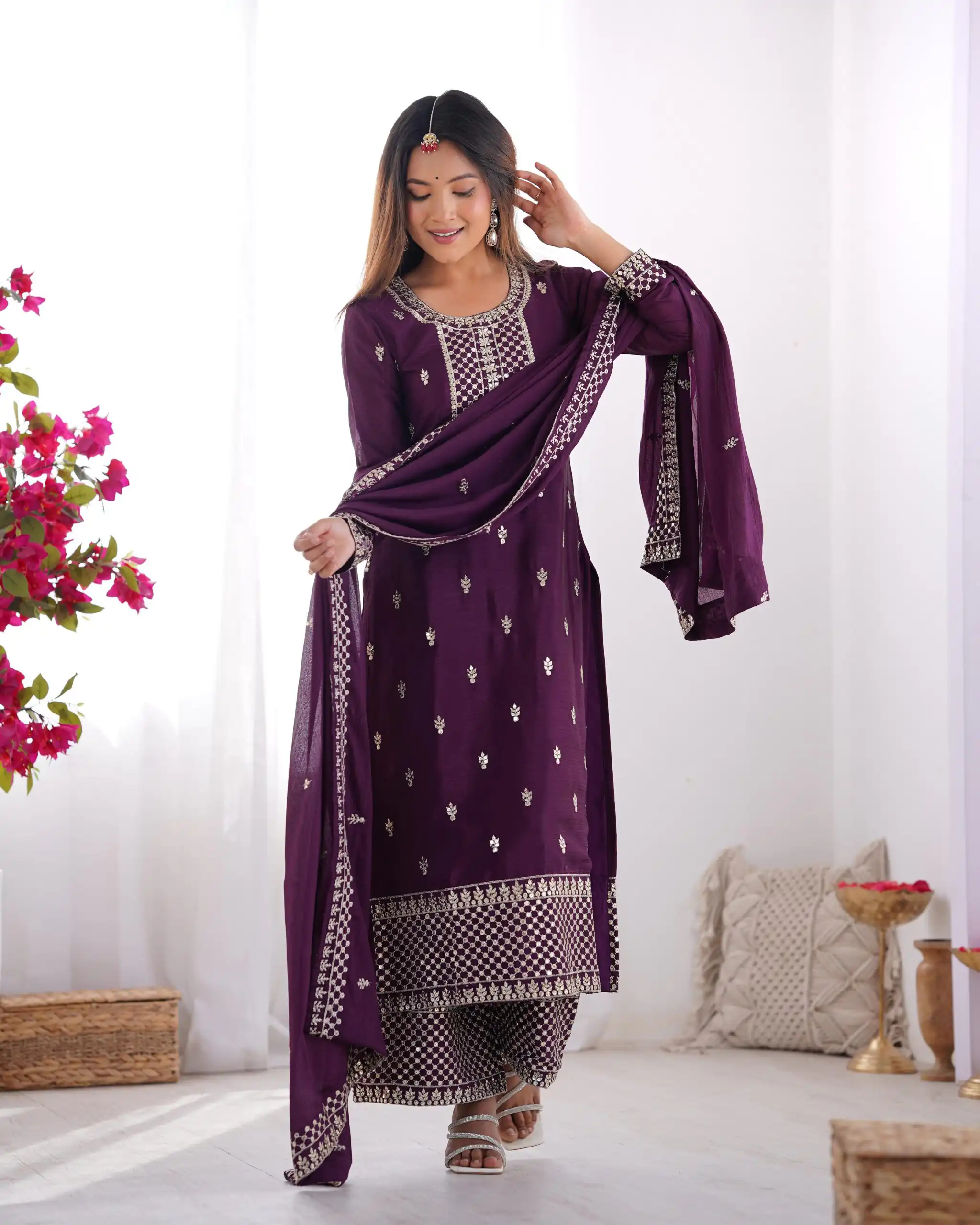 Wine Chinon Silk Embroidery Jari Work Salwar Suit | Jump Suits, Salwar suit, Casual Suits, Creative suits, Designer Suits, Palazzo Suits, Party Wear Suits, Patiala Suits, Straight Suits