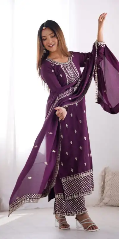 Wine Chinon Silk Embroidery Jari Work Salwar Suit | Jump Suits, Salwar suit, Casual Suits, Creative suits, Designer Suits, Palazzo Suits, Party Wear Suits, Patiala Suits, Straight Suits