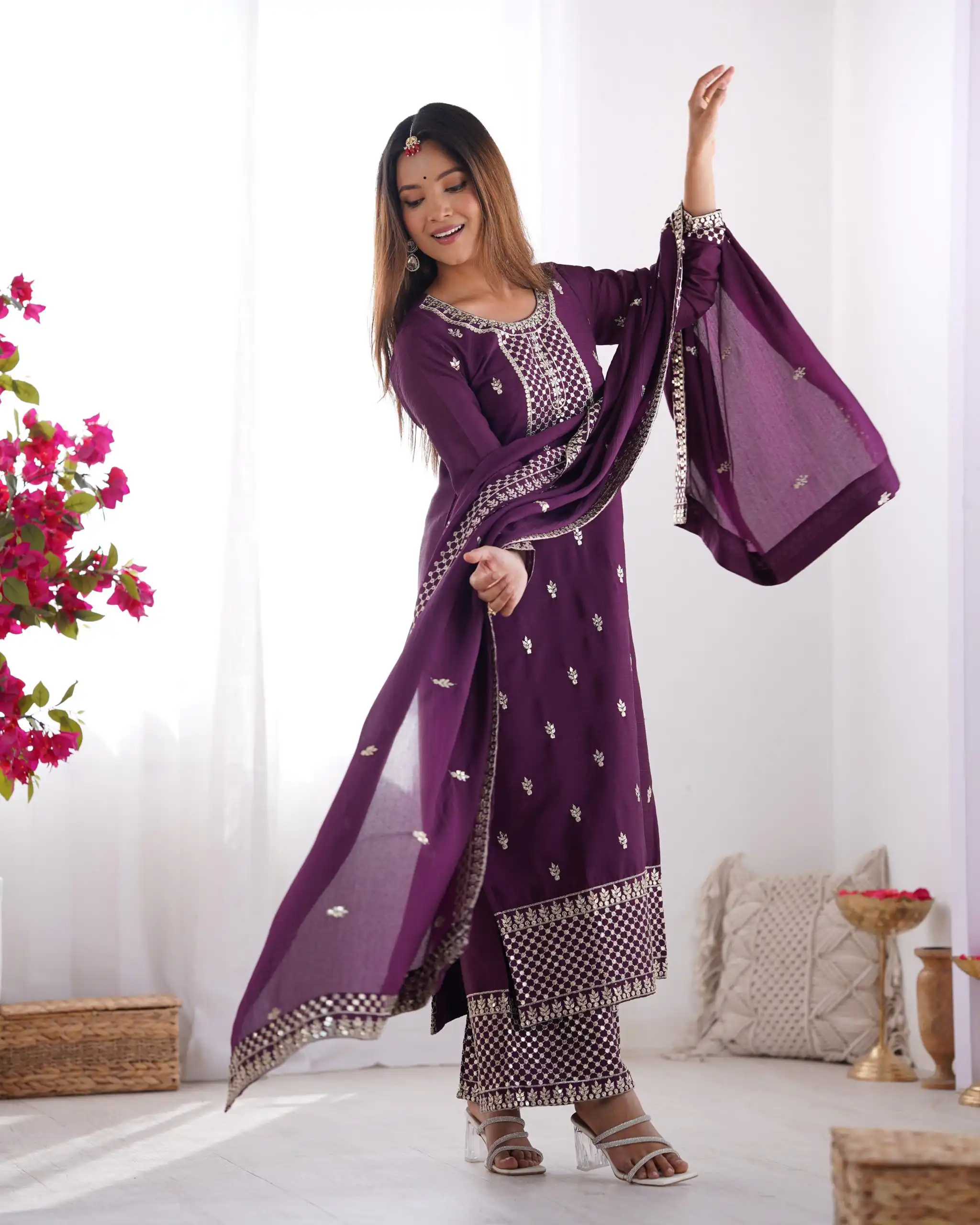 Wine Chinon Silk Embroidery Jari Work Salwar Suit | Jump Suits, Salwar suit, Casual Suits, Creative suits, Designer Suits, Palazzo Suits, Party Wear Suits, Patiala Suits, Straight Suits