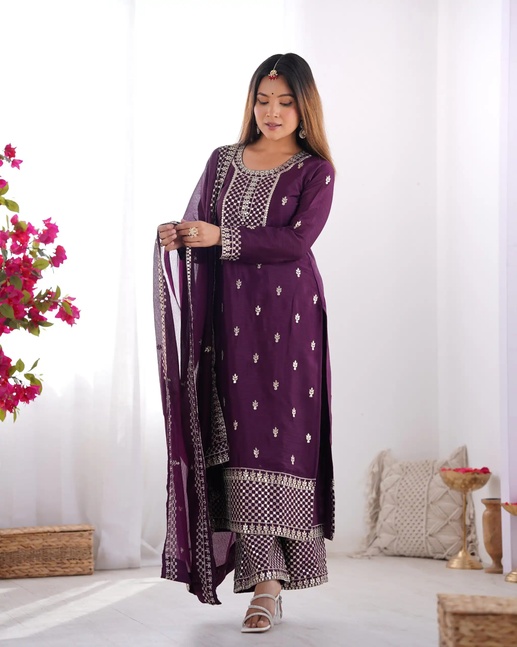 Wine Chinon Silk Embroidery Jari Work Salwar Suit | Jump Suits, Salwar suit, Casual Suits, Creative suits, Designer Suits, Palazzo Suits, Party Wear Suits, Patiala Suits, Straight Suits
