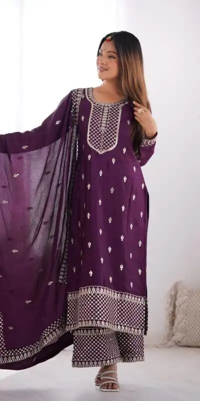 Wine Chinon Silk Embroidery Jari Work Salwar Suit | Jump Suits, Salwar suit, Casual Suits, Creative suits, Designer Suits, Palazzo Suits, Party Wear Suits, Patiala Suits, Straight Suits
