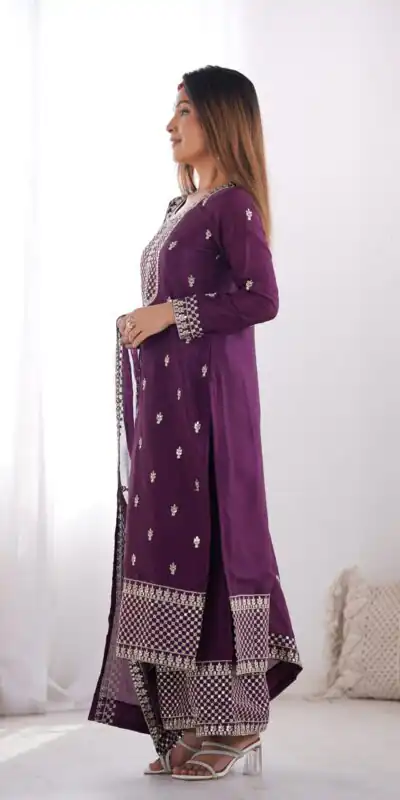 Wine Chinon Silk Embroidery Jari Work Salwar Suit | Jump Suits, Salwar suit, Casual Suits, Creative suits, Designer Suits, Palazzo Suits, Party Wear Suits, Patiala Suits, Straight Suits