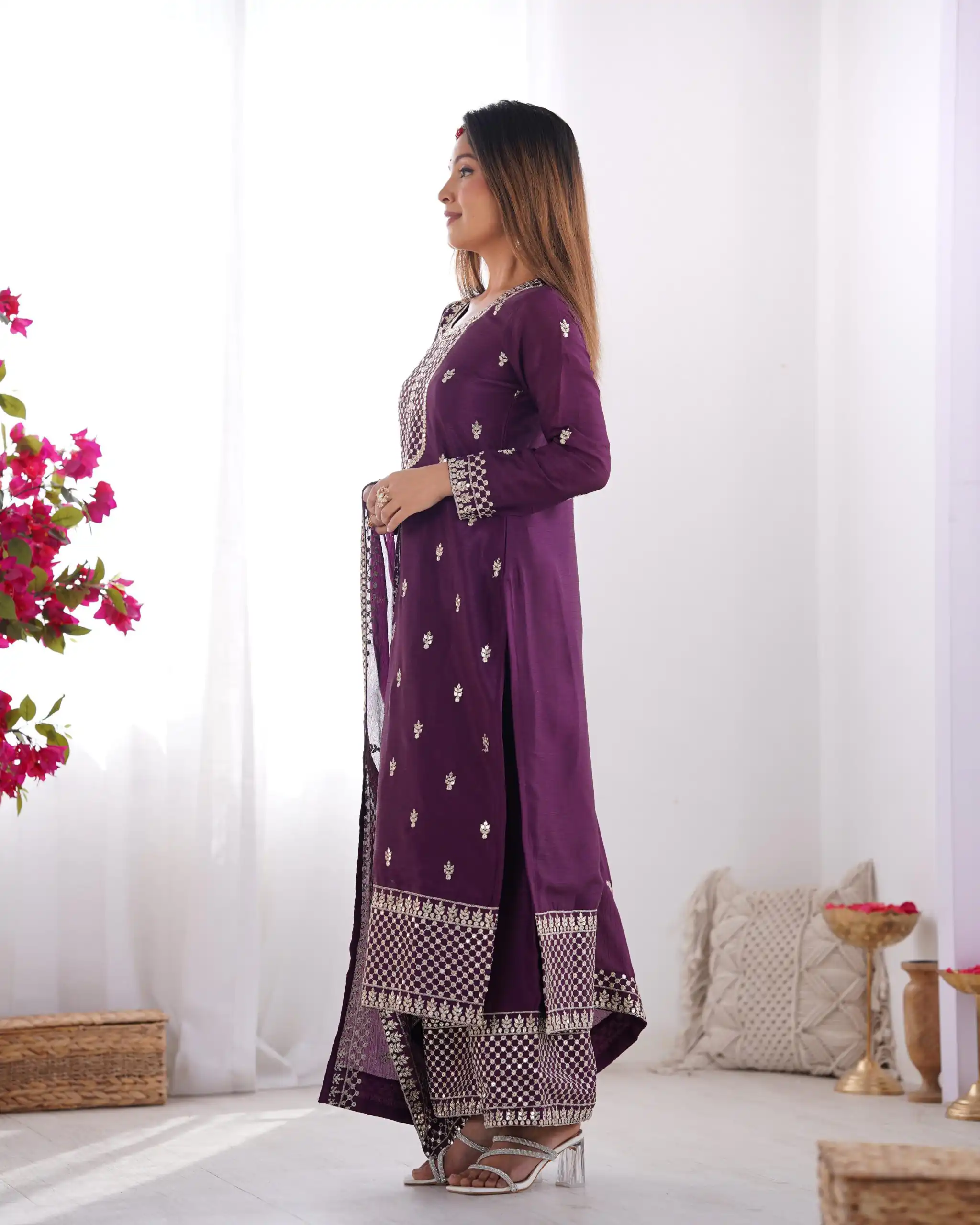 Wine Chinon Silk Embroidery Jari Work Salwar Suit | Jump Suits, Salwar suit, Casual Suits, Creative suits, Designer Suits, Palazzo Suits, Party Wear Suits, Patiala Suits, Straight Suits