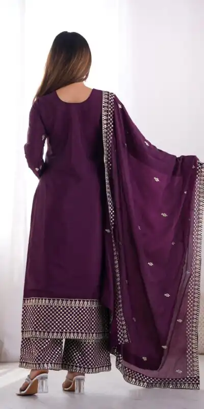 Wine Chinon Silk Embroidery Jari Work Salwar Suit | Jump Suits, Salwar suit, Casual Suits, Creative suits, Designer Suits, Palazzo Suits, Party Wear Suits, Patiala Suits, Straight Suits