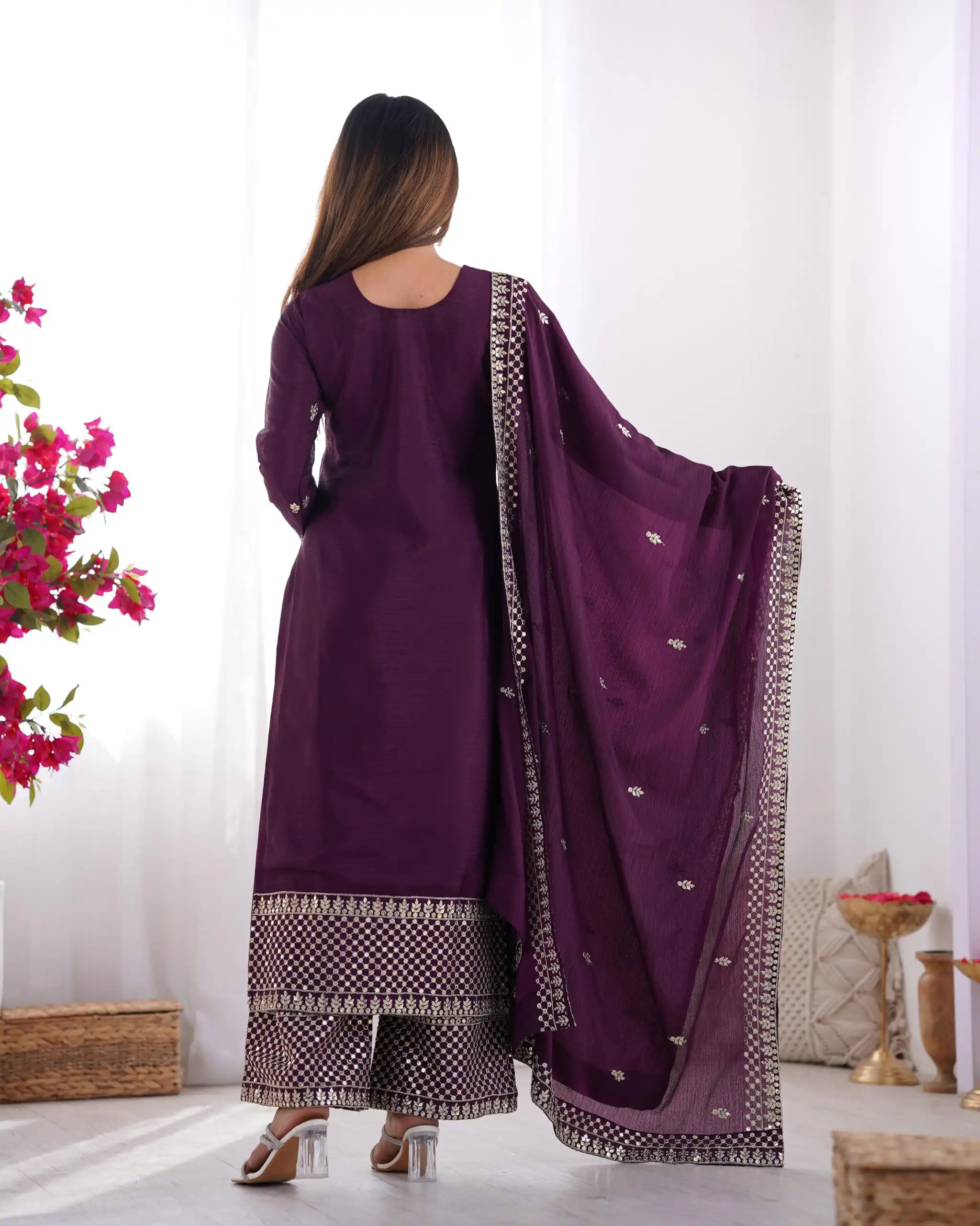 Wine Chinon Silk Embroidery Jari Work Salwar Suit | Jump Suits, Salwar suit, Casual Suits, Creative suits, Designer Suits, Palazzo Suits, Party Wear Suits, Patiala Suits, Straight Suits