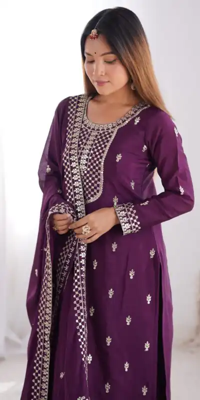 Wine Chinon Silk Embroidery Jari Work Salwar Suit | Jump Suits, Salwar suit, Casual Suits, Creative suits, Designer Suits, Palazzo Suits, Party Wear Suits, Patiala Suits, Straight Suits