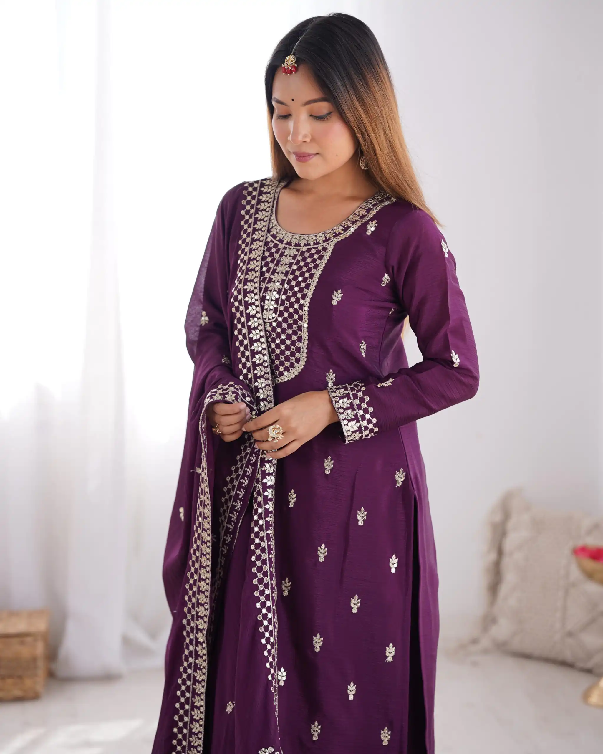 Wine Chinon Silk Embroidery Jari Work Salwar Suit | Jump Suits, Salwar suit, Casual Suits, Creative suits, Designer Suits, Palazzo Suits, Party Wear Suits, Patiala Suits, Straight Suits