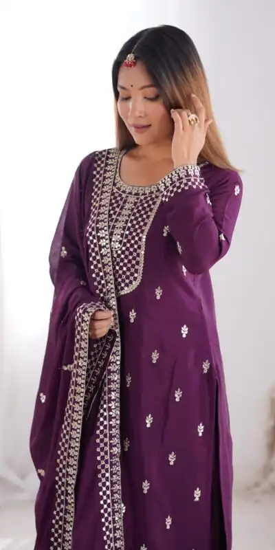 Wine Chinon Silk Embroidery Jari Work Salwar Suit | Jump Suits, Salwar suit, Casual Suits, Creative suits, Designer Suits, Palazzo Suits, Party Wear Suits, Patiala Suits, Straight Suits