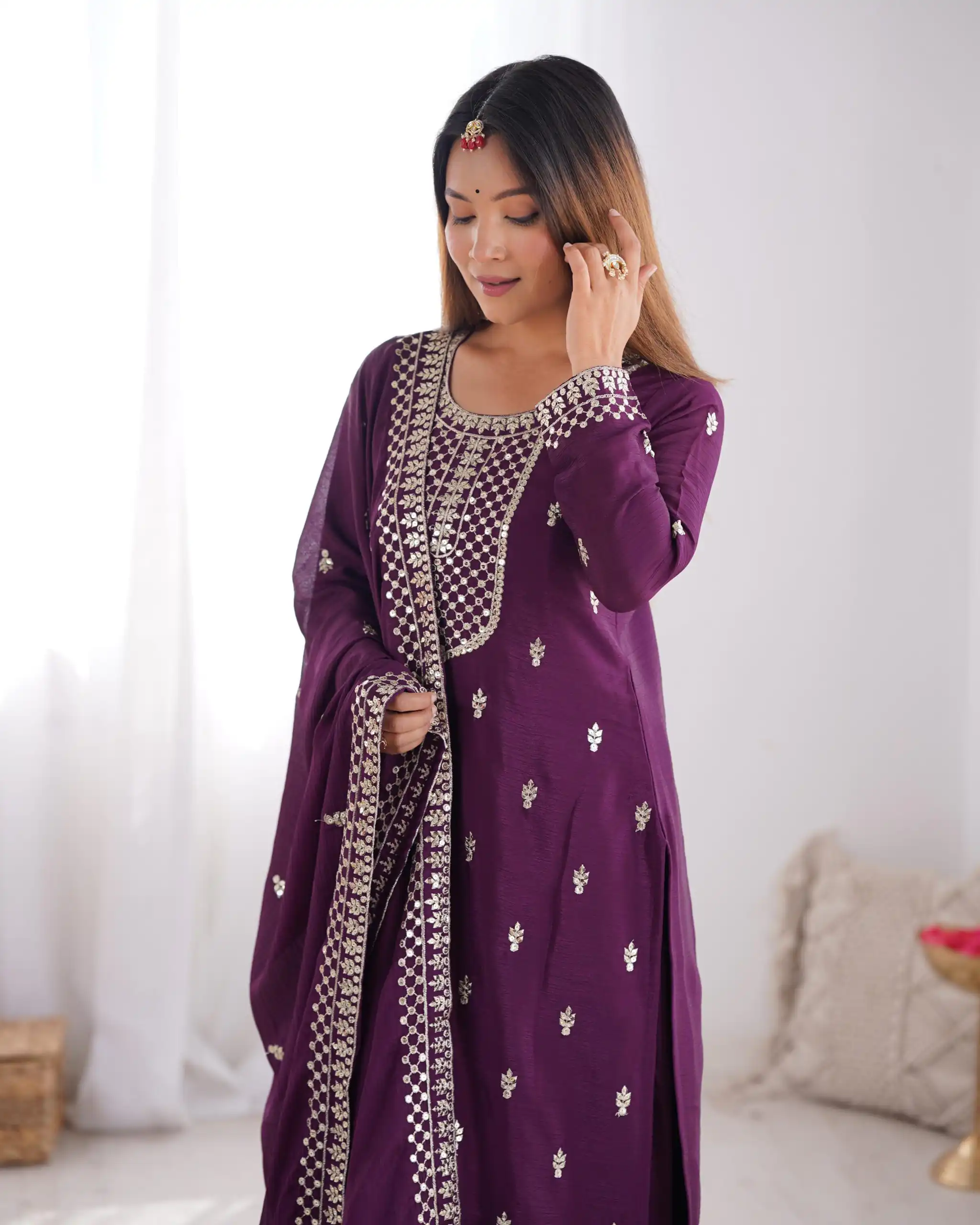Wine Chinon Silk Embroidery Jari Work Salwar Suit | Jump Suits, Salwar suit, Casual Suits, Creative suits, Designer Suits, Palazzo Suits, Party Wear Suits, Patiala Suits, Straight Suits