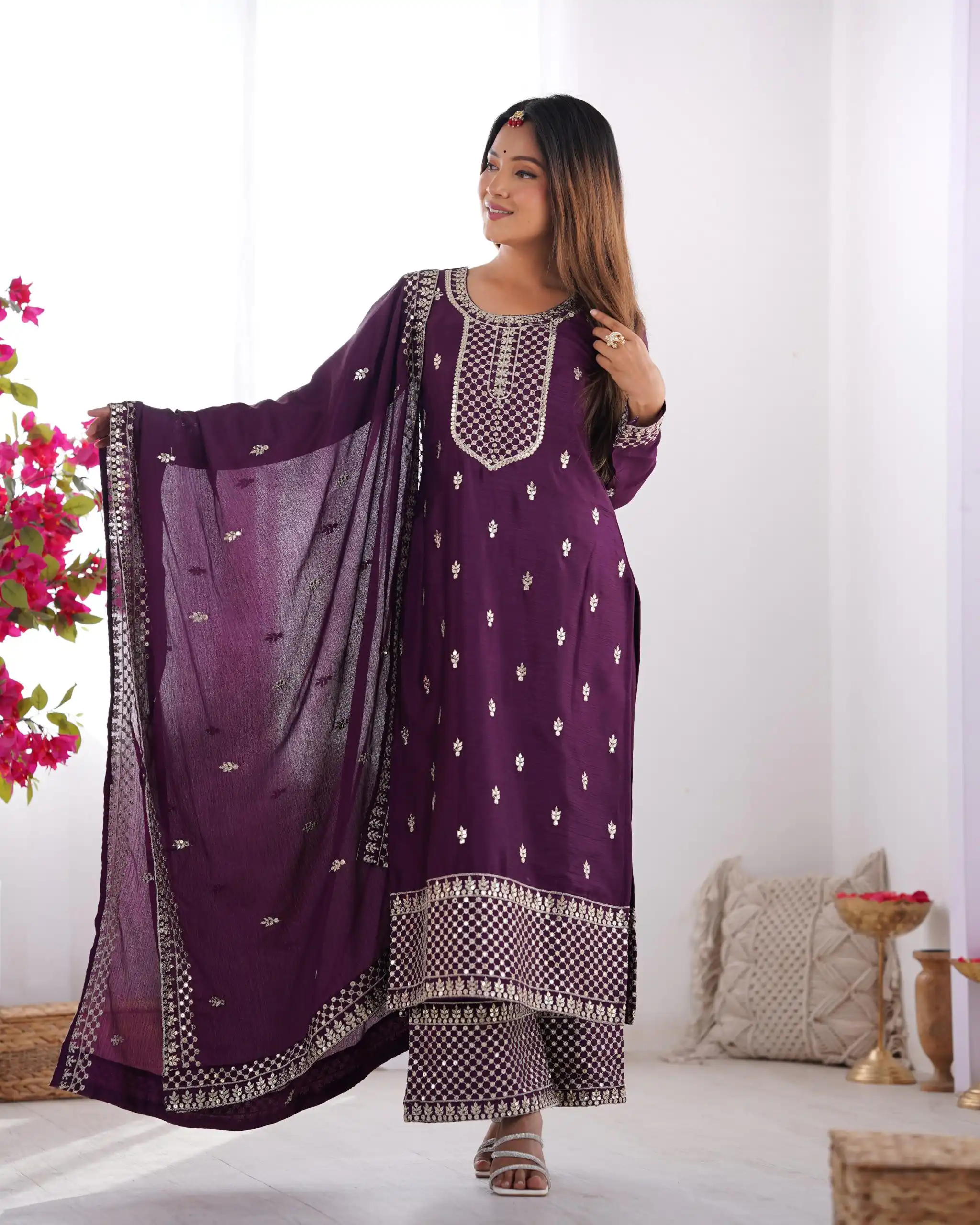Wine Chinon Silk Embroidery Jari Work Salwar Suit | Jump Suits, Salwar suit, Casual Suits, Creative suits, Designer Suits, Palazzo Suits, Party Wear Suits, Patiala Suits, Straight Suits