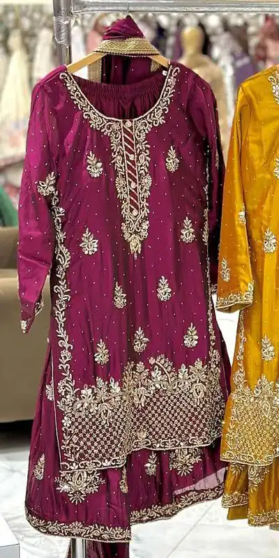 Wine Chinon Silk Embroidery Work Salwar Suit | Jump Suits, Salwar suit, Casual Suits, Creative suits, Designer Suits, Palazzo Suits, Party Wear Suits, Patiala Suits, Straight Suits