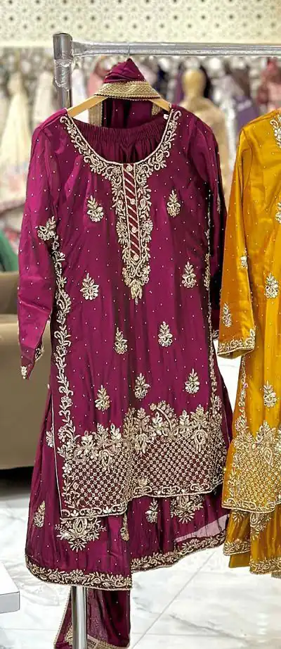 Wine Chinon Silk Embroidery Work Salwar Suit | Jump Suits, Salwar suit, Casual Suits, Creative suits, Designer Suits, Palazzo Suits, Party Wear Suits, Patiala Suits, Straight Suits