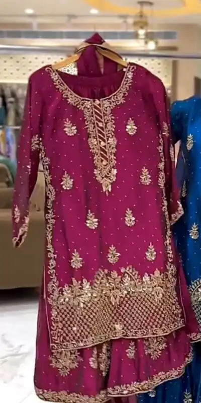 Wine Chinon Silk Embroidery Work Salwar Suit | Jump Suits, Salwar suit, Casual Suits, Creative suits, Designer Suits, Palazzo Suits, Party Wear Suits, Patiala Suits, Straight Suits