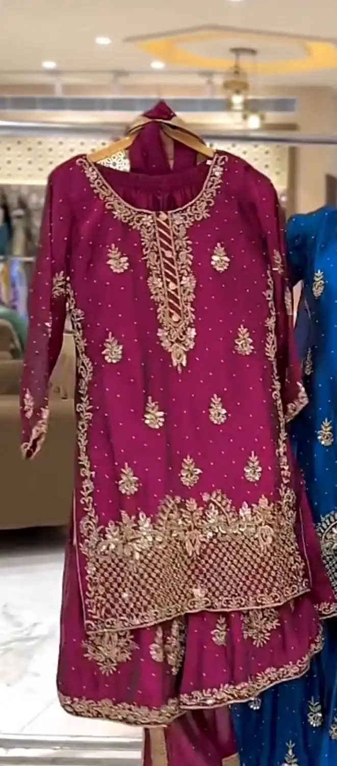 Wine Chinon Silk Embroidery Work Salwar Suit | Jump Suits, Salwar suit, Casual Suits, Creative suits, Designer Suits, Palazzo Suits, Party Wear Suits, Patiala Suits, Straight Suits