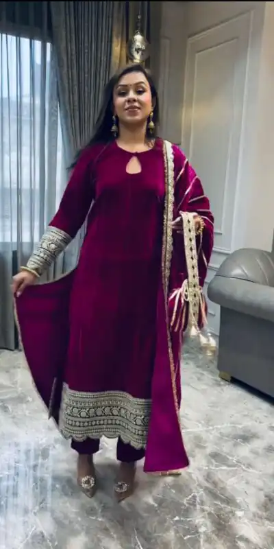 Wine Crash Viscose Velvet Embroidery Work Salwar Suit | Jump Suits, Salwar suit, Casual Suits, Creative suits, Designer Suits, Palazzo Suits, Party Wear Suits, Patiala Suits, Straight Suits