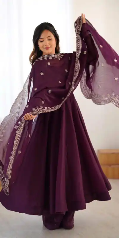 Wine Fandy Silk Embroidery Work Gown | Gowns, Bollywood Gowns, Creative Gowns, Designer Gowns, Embroidered Gowns, Party Wear Gowns