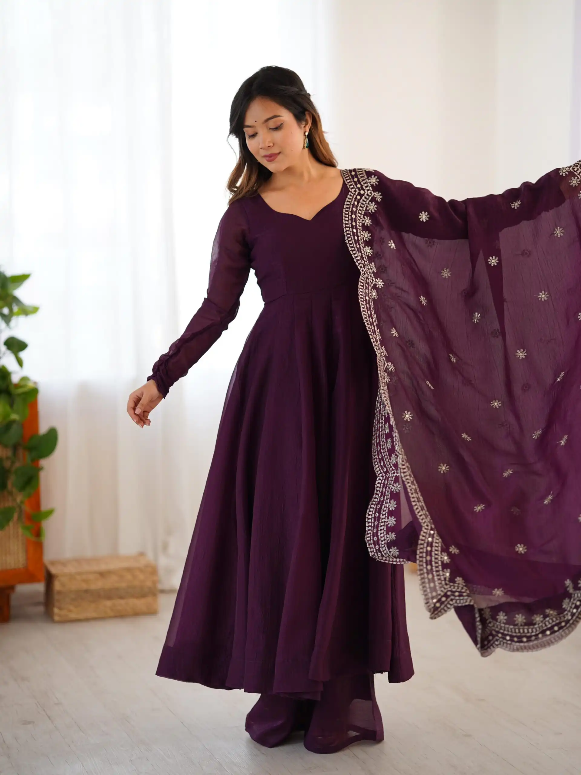 Wine Fandy Silk Embroidery Work Gown | Gowns, Bollywood Gowns, Creative Gowns, Designer Gowns, Embroidered Gowns, Party Wear Gowns