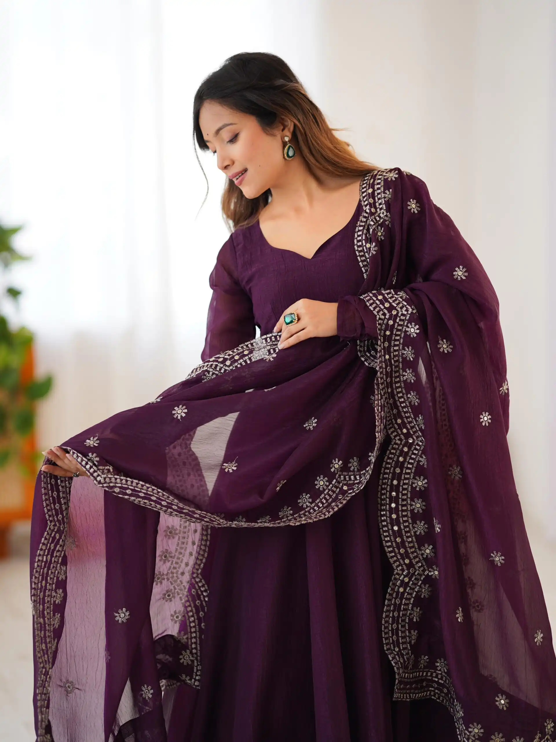 Wine Fandy Silk Embroidery Work Gown | Gowns, Bollywood Gowns, Creative Gowns, Designer Gowns, Embroidered Gowns, Party Wear Gowns