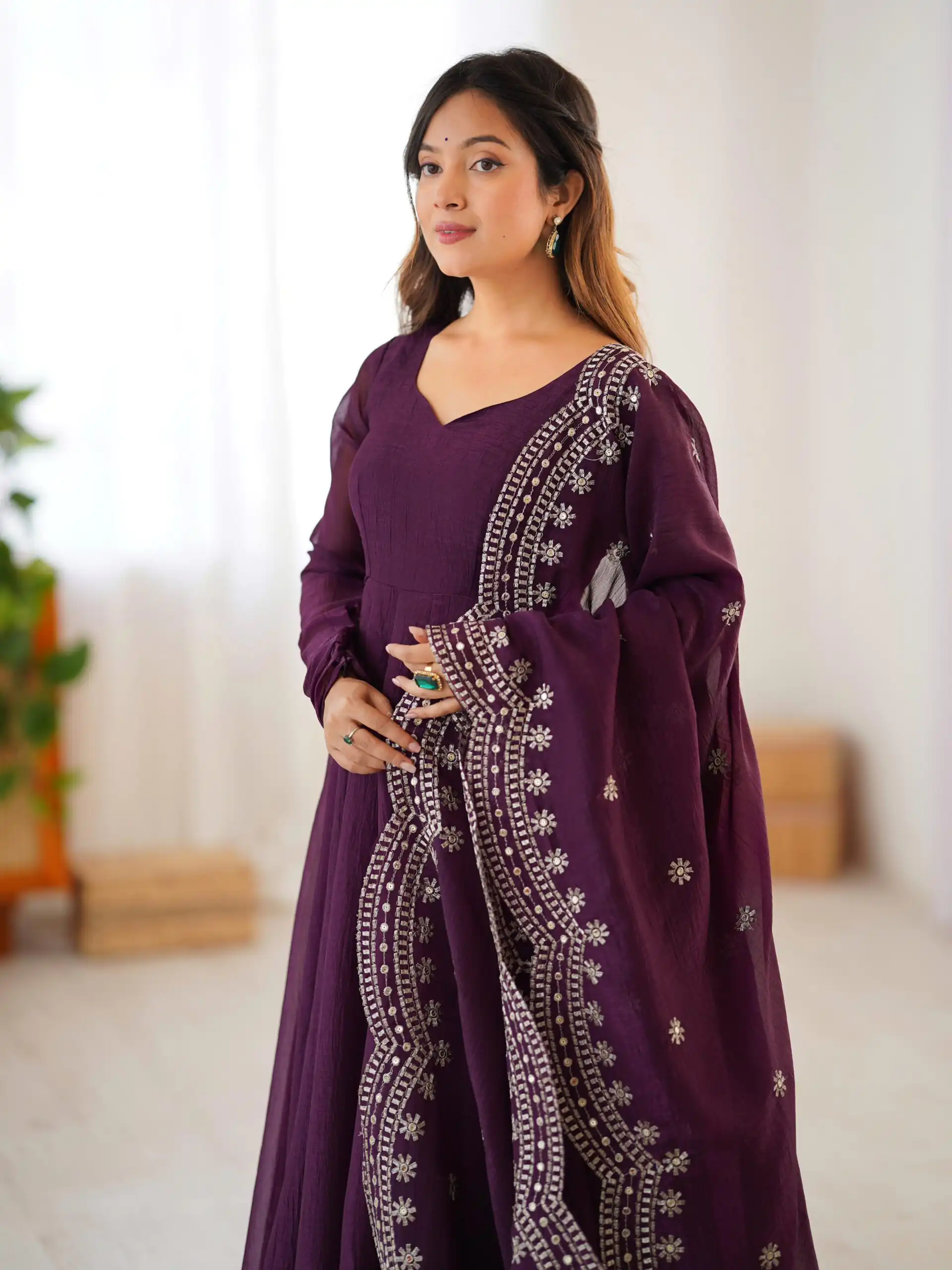 Wine Fandy Silk Embroidery Work Gown | Gowns, Bollywood Gowns, Creative Gowns, Designer Gowns, Embroidered Gowns, Party Wear Gowns
