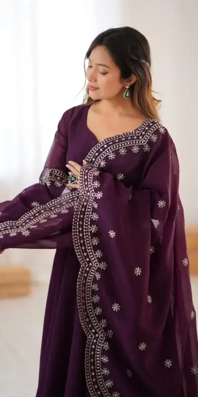 Wine Fandy Silk Embroidery Work Gown | Gowns, Bollywood Gowns, Creative Gowns, Designer Gowns, Embroidered Gowns, Party Wear Gowns