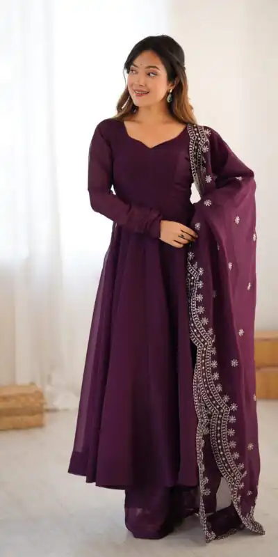 Wine Fandy Silk Embroidery Work Gown | Gowns, Bollywood Gowns, Creative Gowns, Designer Gowns, Embroidered Gowns, Party Wear Gowns
