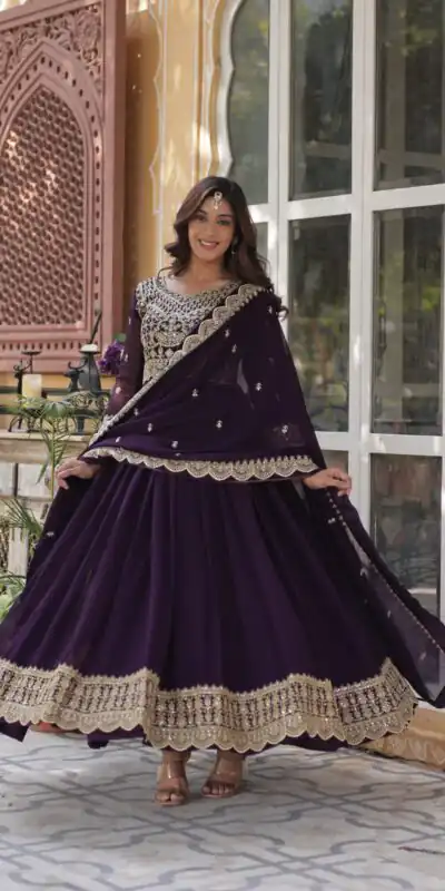 Wine Faux Blooming Embroidery Zari Work Gown | Gowns, Bollywood Gowns, Creative Gowns, Designer Gowns, Embroidered Gowns, Party Wear Gowns