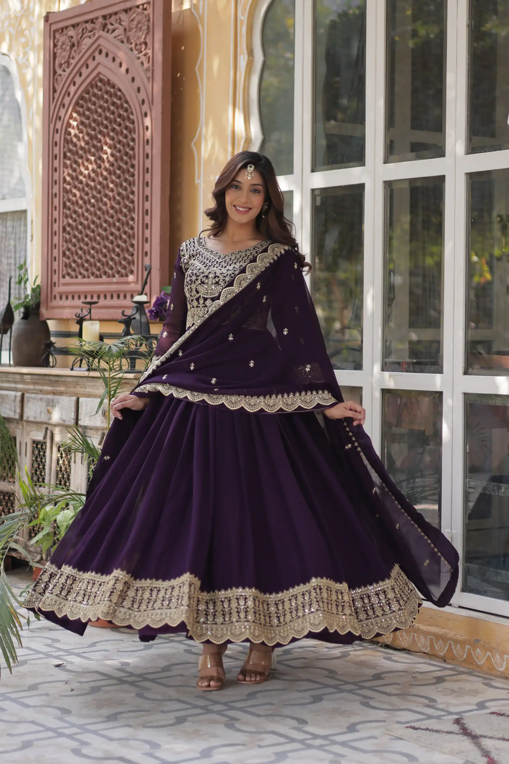 Wine Faux Blooming Embroidery Zari Work Gown | Gowns, Bollywood Gowns, Creative Gowns, Designer Gowns, Embroidered Gowns, Party Wear Gowns