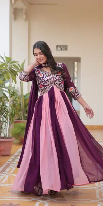 Wine Fox Georgette Embroidery Thread Work Gown | Gowns, Bollywood Gowns, Creative Gowns, Designer Gowns, Embroidered Gowns, Party Wear Gowns