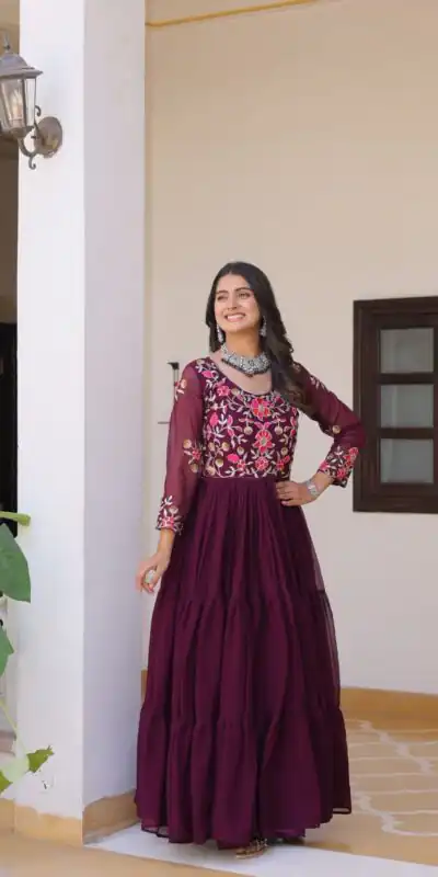 Wine Fox Georgette With Embroidery Work Gown | Jump Suits, Salwar suit, Casual Suits, Creative suits, Designer Suits, Palazzo Suits, Party Wear Suits, Patiala Suits, Straight Suits