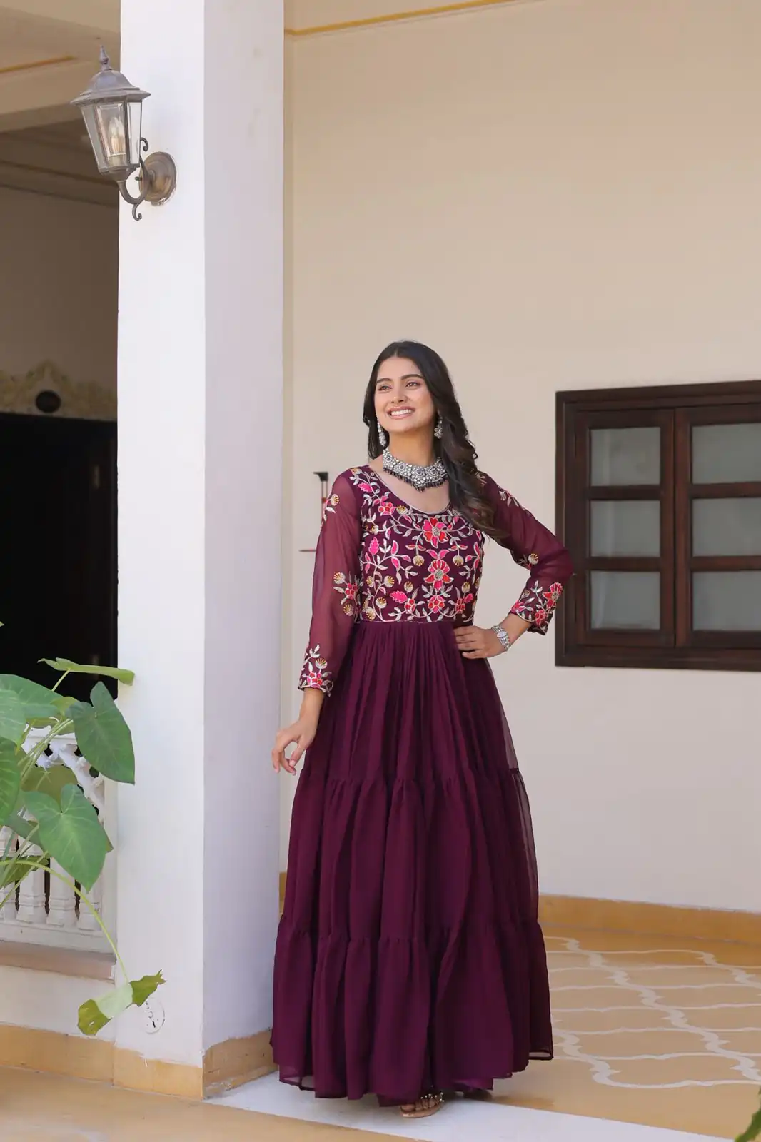 Wine Fox Georgette With Embroidery Work Gown | Jump Suits, Salwar suit, Casual Suits, Creative suits, Designer Suits, Palazzo Suits, Party Wear Suits, Patiala Suits, Straight Suits