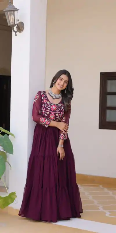 Wine Fox Georgette With Embroidery Work Gown | Jump Suits, Salwar suit, Casual Suits, Creative suits, Designer Suits, Palazzo Suits, Party Wear Suits, Patiala Suits, Straight Suits