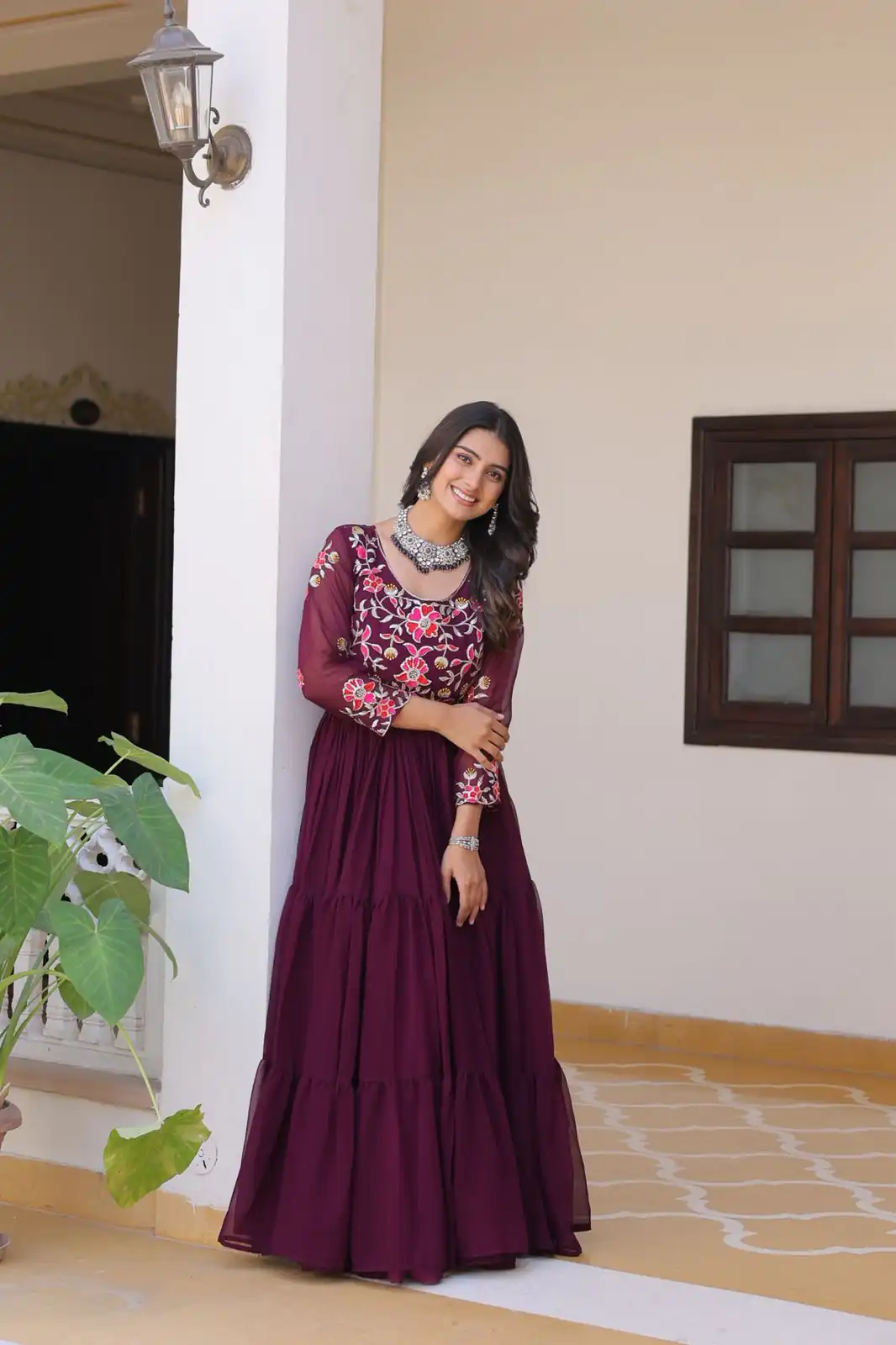 Wine Fox Georgette With Embroidery Work Gown | Jump Suits, Salwar suit, Casual Suits, Creative suits, Designer Suits, Palazzo Suits, Party Wear Suits, Patiala Suits, Straight Suits