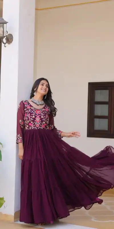Wine Fox Georgette With Embroidery Work Gown | Jump Suits, Salwar suit, Casual Suits, Creative suits, Designer Suits, Palazzo Suits, Party Wear Suits, Patiala Suits, Straight Suits
