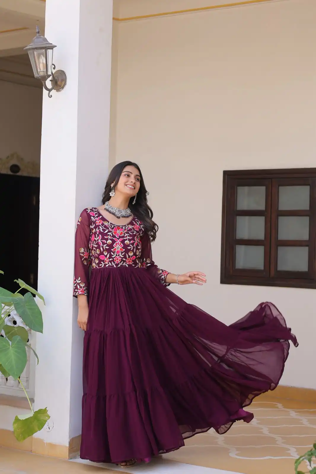 Wine Fox Georgette With Embroidery Work Gown | Jump Suits, Salwar suit, Casual Suits, Creative suits, Designer Suits, Palazzo Suits, Party Wear Suits, Patiala Suits, Straight Suits