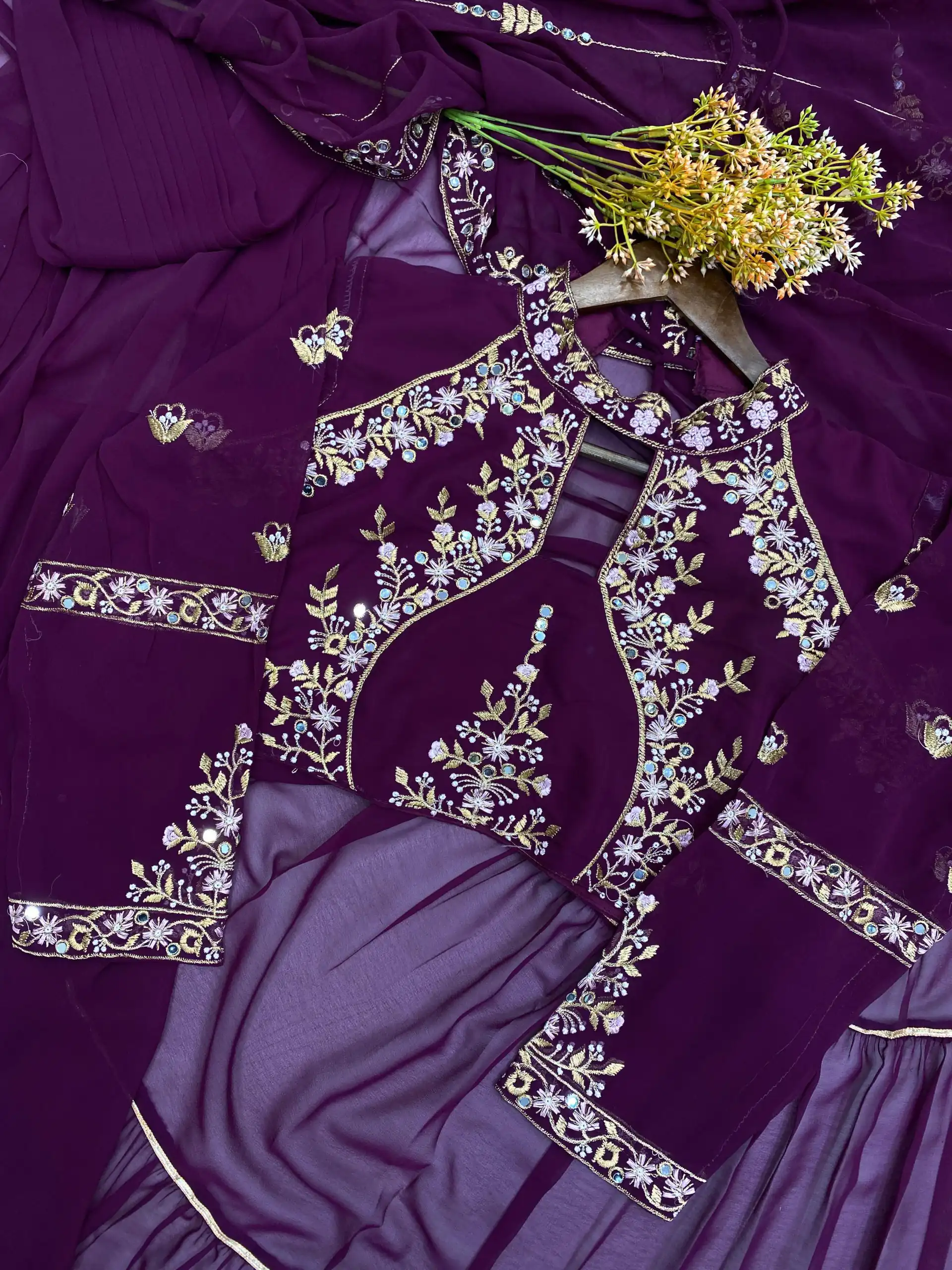 Wine Georgette Embroidery Lehenga Saree | Lehenga, Bollywood Lehenga, Creative Lehenga, Designer Lehenga, Embroidered Lehenga, Party Wear Lehenga