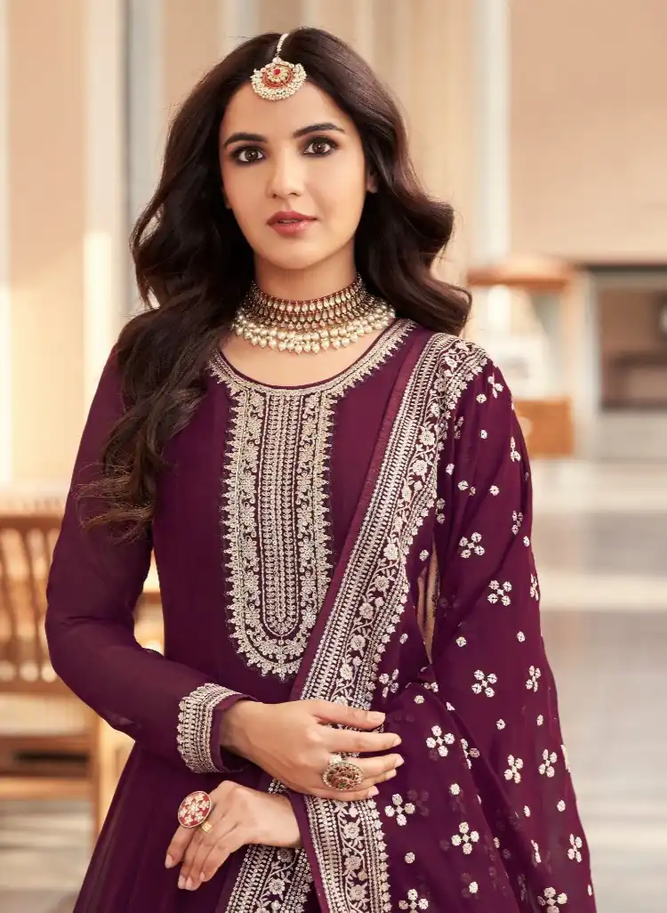 Wine Georgette Embroidery Salwar Suit | Salwar suit, Casual Suits, Creative suits, Designer Suits, Palazzo Suits, Party Wear Suits, Patiala Suits, Straight Suits