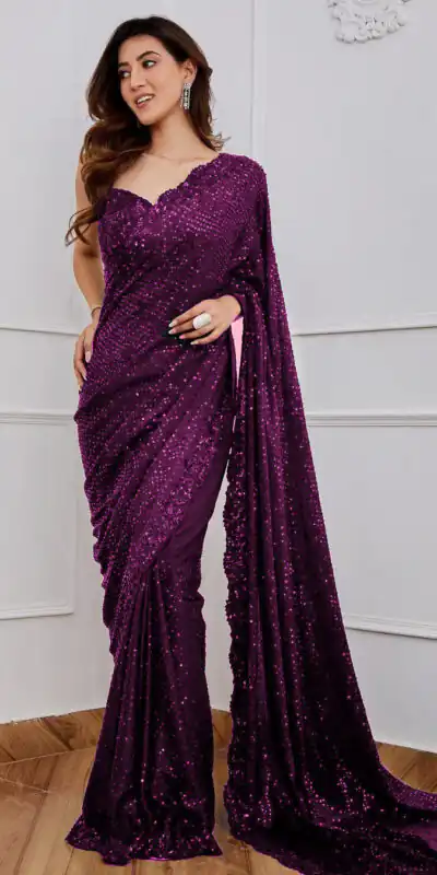 Wine Georgette Embroidery Sequins Work Saree | Sarees, Bollywood Sarees, Creative Sarees, Designer Sarees, Embroidered Sarees, Ethnic Saree, Modern Digital sarees, Party Wear Sarees