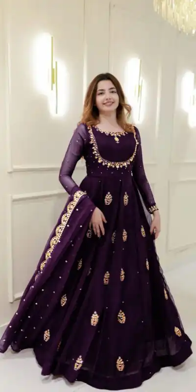 Wine Georgette Embroidery Work Gown | Gowns, Bollywood Gowns, Creative Gowns, Designer Gowns, Embroidered Gowns, Party Wear Gowns