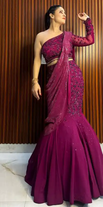 Wine Georgette Thread Sequence Lehenga Saree | Lehenga, Bollywood Lehenga, Creative Lehenga, Designer Lehenga, Embroidered Lehenga, Party Wear Lehenga