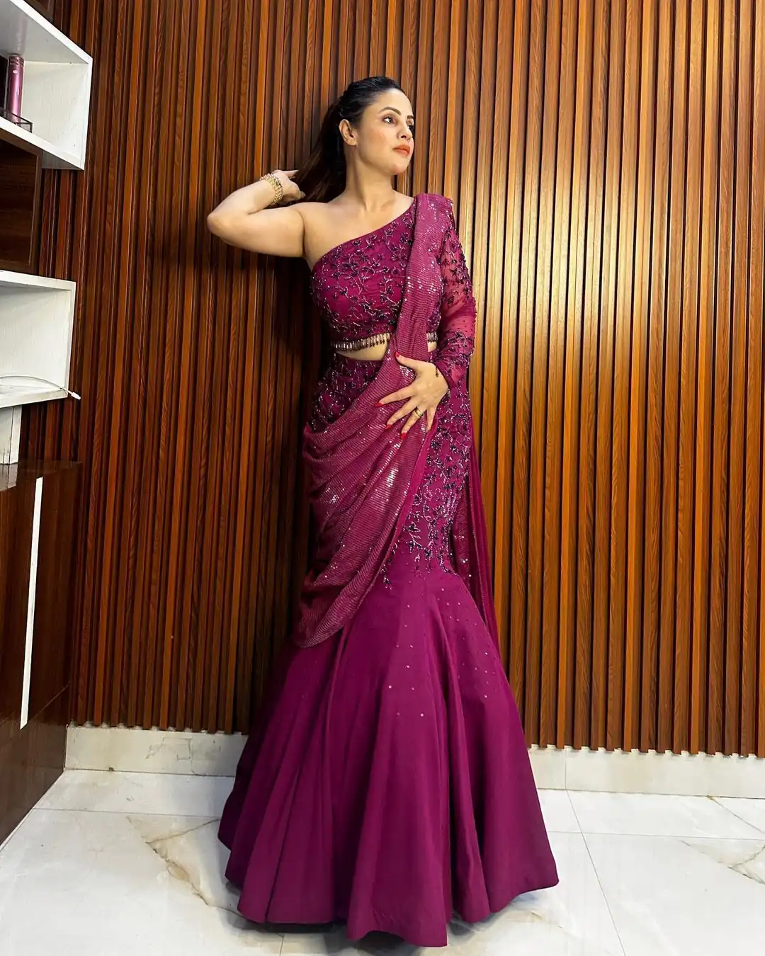 Wine Georgette Thread Sequence Lehenga Saree | Lehenga, Bollywood Lehenga, Creative Lehenga, Designer Lehenga, Embroidered Lehenga, Party Wear Lehenga