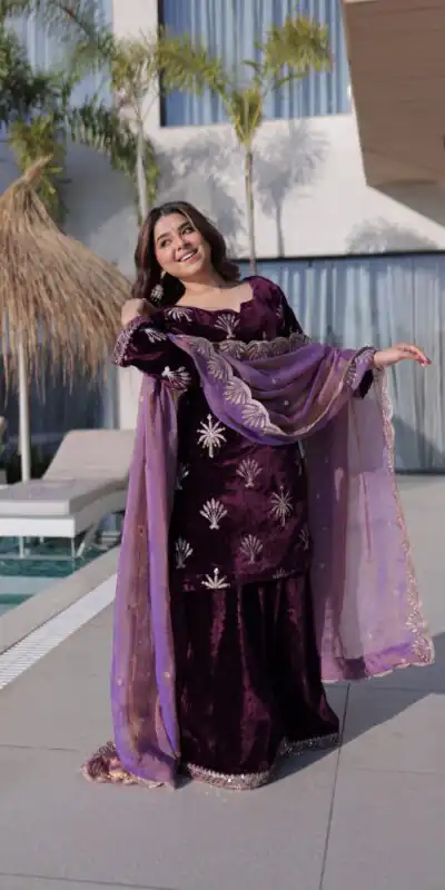 Wine Ice Velvet Embroidery Zari Work Salwar Suit | Jump Suits, Salwar suit, Casual Suits, Creative suits, Designer Suits, Palazzo Suits, Party Wear Suits, Patiala Suits, Straight Suits