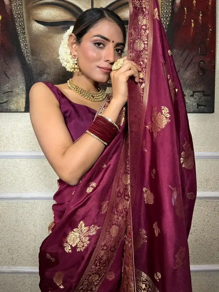Wine Lichi Silk Jacquard Work Saree | Sarees, Bollywood Sarees, Creative Sarees, Designer Sarees, Embroidered Sarees, Ethnic Saree, Modern Digital sarees, Party Wear Sarees
