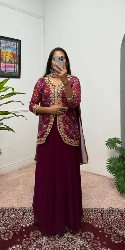 Wine Printed Faux Georgette Embroidery Work Salwar Suit | Jump Suits, Salwar suit, Casual Suits, Creative suits, Designer Suits, Palazzo Suits, Party Wear Suits, Patiala Suits, Straight Suits