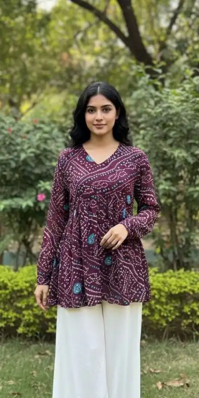 Wine Pure Georgette With Printed Kurti | Kurti, Bollywood Kurti, Creative Kurtis, Designer Kurti, Party Wear Kurti, Selfie Kurti