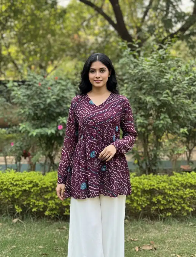 Wine Pure Georgette With Printed Kurti | Kurti, Bollywood Kurti, Creative Kurtis, Designer Kurti, Party Wear Kurti, Selfie Kurti