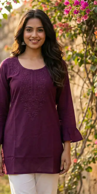Wine Rayon Chikan Work Kurti | Kurti, Bollywood Kurti, Creative Kurtis, Designer Kurti, Party Wear Kurti, Selfie Kurti