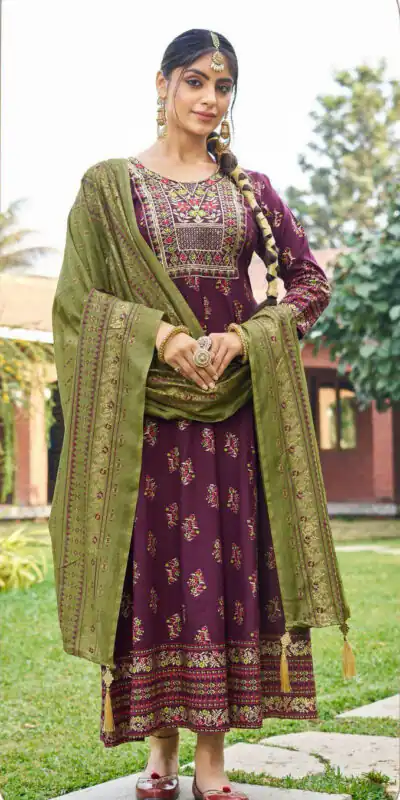 Wine Rayon Embroidery Work Gown | Gowns, Bollywood Gowns, Creative Gowns, Designer Gowns, Embroidered Gowns, Party Wear Gowns
