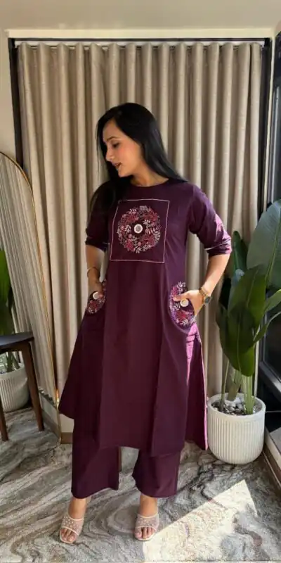 Wine Soft Cotton Slub Embroidery Work Kurti | Kurti, Bollywood Kurti, Creative Kurtis, Designer Kurti, Party Wear Kurti, Selfie Kurti